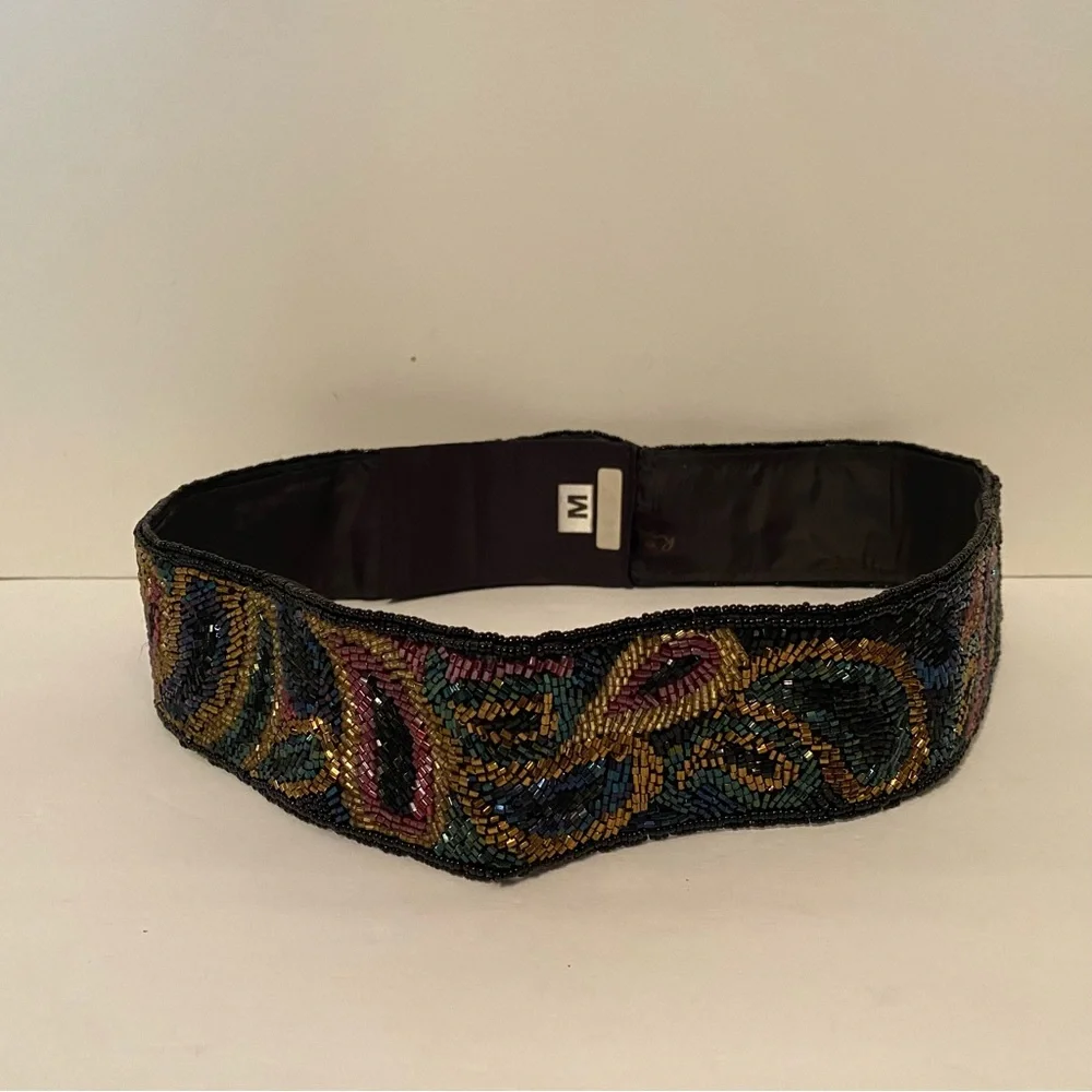 LA REGALE LTD BELT WIDE BLACK SATIN BEADED MULTI COLOR PEACOCK COLOR SIZE M